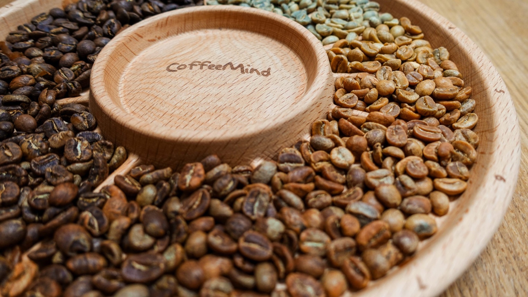 CoffeeMind roast degree wheel with beans from green to dark roast