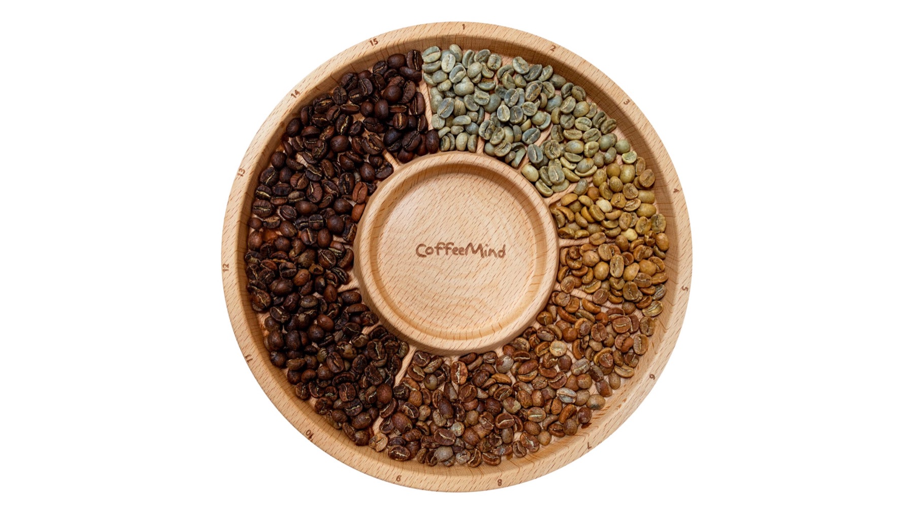 CoffeeMind roast degree wheel, 15 stages from green to dark